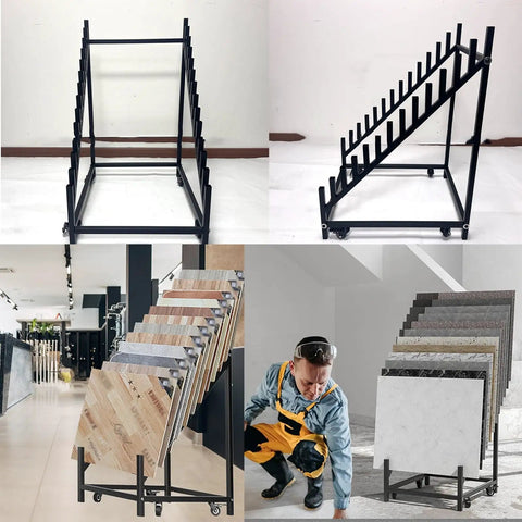 Hella Heavy Duty 12 Tier Metal Tile Display Rack With Wheels displaying various tiles in a retail setting, showcasing steel frame and organization.
