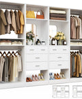 100 Inch Walk In Closet System With Deep Drawers And Sleek Mirror Panels, Wooden Wardrobe Organizer showcasing clothing and accessories.