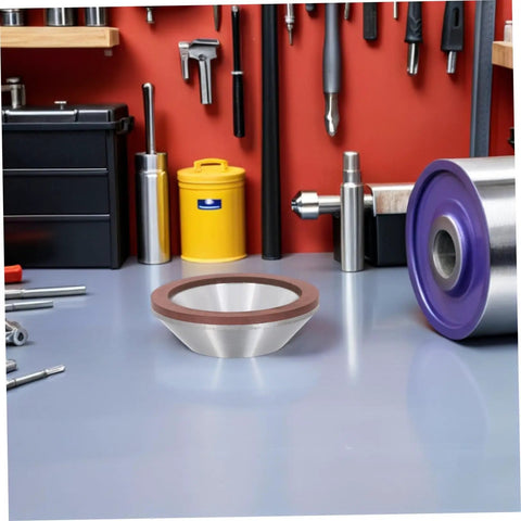 Top Tier Cup Shaped Diamond Grinding Wheel 100mm on workspace with tools and equipment for stone and metal grinding tasks.