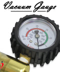 Close-up of Pro Grade Ultima Vacuum Pump Handle With Gauge And Protective Rubber Cover showing dial from 0 to 760 MM Hg.