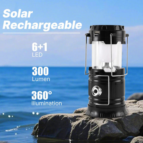Collapsible Solar Camping Lantern With USB Rechargeable LED Flashlight on rocky beach with 6+1 LED, 300 lumen, 360-degree illumination