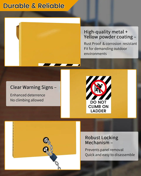No Climb Fixed Ladder Safety Guard For Roof And Tower Ladders 16 Inch And Wider With Warning Signs And Locking Device Yellow Metal