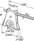 No Fuss Heavy Duty Lower Sliding Screen Door Roller Assembly With 1-1/4 Inch Nylon Concave Wheels, 2-5/8 inch height, and detailed dimensions.
