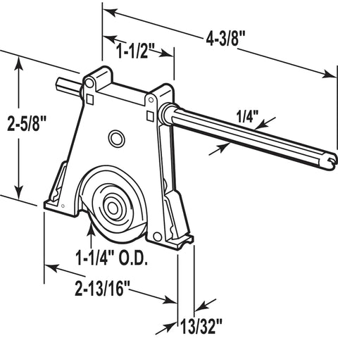 No Fuss Heavy Duty Lower Sliding Screen Door Roller Assembly With 1-1/4 Inch Nylon Concave Wheels, 2-5/8 inch height, and detailed dimensions.