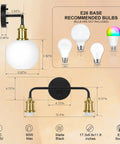 Dope Two Light Vanity Light Over Mirror 17 Inch Black And Gold Wall Sconce Lighting With White Glass Globe Shades Mid Century E26 Socket Damp Location Bathroom Fixture Bulbs Not Included, dimensions chart