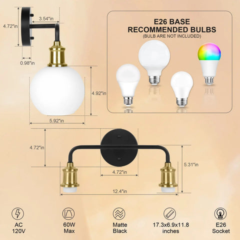 Dope Two Light Vanity Light Over Mirror 17 Inch Black And Gold Wall Sconce Lighting With White Glass Globe Shades Mid Century E26 Socket Damp Location Bathroom Fixture Bulbs Not Included, dimensions chart
