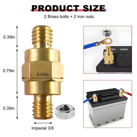 Heavy Duty Solid Brass Side Post Battery Terminal Extender Studs With Brass Jam Nuts Three Eighths Inch One Six Thread, showing size.