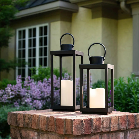 Outdoor Solar Lantern For Porch And Patio, Large Black Metal Lantern With Waterproof LED Candle, No Glass, 14 Inches
