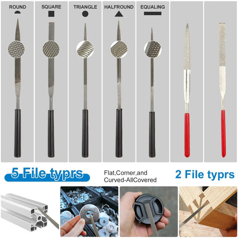 Seven needle files from the 29 Piece Deburring Tool Set With 11 HSS Blades, 7 Needle Files, 10 Sandpapers, A Metal Handle For Metal, Wood, 3D Prints And PVC Deburring And Reaming