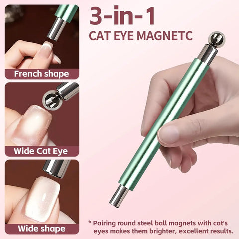 3-in-1 4 Piece Cat Eye Nail Magnet Set Green Dual Ended Magnetic Tools With Round Bead And Heart Magnets in use