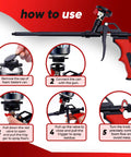 Expanding Foam Gun Kit With Two Metal Dispensing Guns And Nine Extenders for caulking, filling, and sealing operation guide.