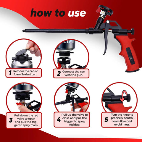 Expanding Foam Gun Kit With Two Metal Dispensing Guns And Nine Extenders for caulking, filling, and sealing operation guide.