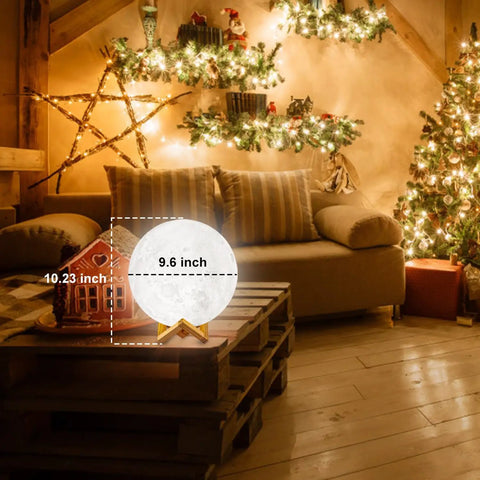 Dope Moon Lamp Night Light With Time Settings And Stand 3D Printed LED Moon in festive living room, 9.6 inch diameter