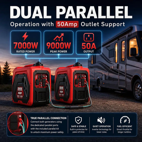 Dual parallel operation of 4500W portable inverter generator for home and outdoor use, ultra quiet gas powered backup power with Eco Mode.