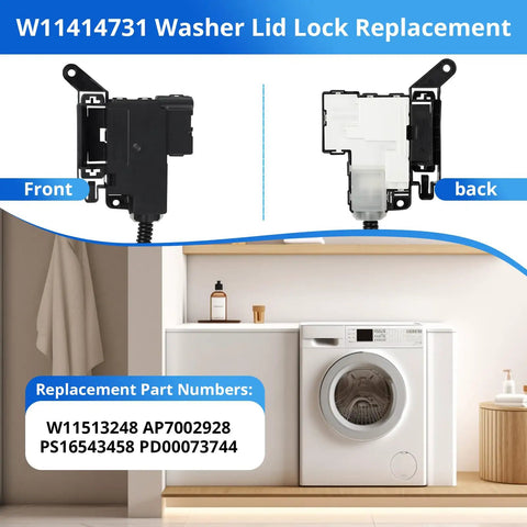 Front and back view of Heavy Duty Beefed Up Washer Lid Lock Switch Assembly Durable Replacement Kit for top and front load washers.