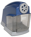 Side view of blue School Pro Classroom Electric Pencil Sharpener with Safe Start and Auto Stop, fits 6 pencil sizes.