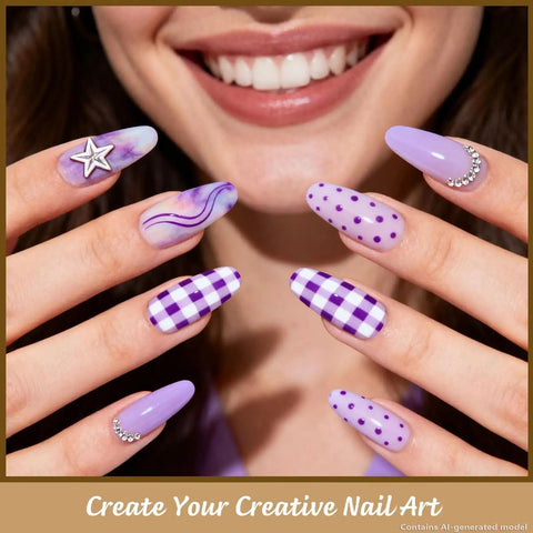 Close-up of nail art with purple plaid, dots, stars, and gems using Gel Polish Nail Art Brushes and Dotting Tools Kit