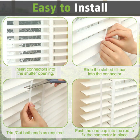 20 Pcs Universal Window Blind Repair Kit Featuring Rugged Shutter Slide Connectors And Slotted Tilt Bars For Quick No Sweat Fixes And Top Shelf Shade Realignment, installation steps shown.