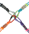 Close-up of a Tactical Paracord Gear Tether 2 Pack With Anti Loss Screw Lock Carabiner in various colors for backpacks and keys.