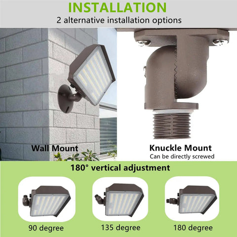 Dusk To Dawn Outdoor 100W LED Flood Light With Knuckle Mount And Plate Included, installation options shown, 14000LM