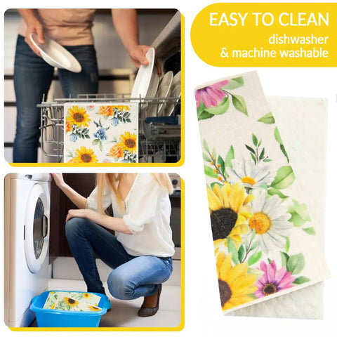 Six Pack Swedish Kitchen Dish Cloths Reusable Paper Towels featuring sunflower design, shown in dishwasher and laundry settings.