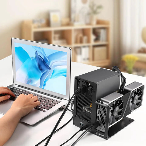 External Egpu Dock Station Thunderbolt 3 4 Usb4 40gbps Gaming Graphics Card Enclosure connected to a laptop.