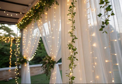 Outdoor LED Curtain Lights 30 Ft by 10 Ft With 720 LEDs, Plug In Hanging String Lights decorating a wedding canopy