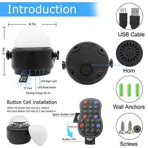 Lit Party Ready Mini Disco Ball With Bluetooth Speaker introduction showing parts like horn, USB cable, remote, and installation guide.