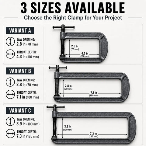 Beefy Heavy Duty Deep Reach C Clamp For Welding And Woodworking Extra Deep Throat Reach Four Point Three Inch And Two Point Eight Inch Jaw Opening Forged Steel G Clamp With Trapezoidal Thread And Swivel Pad For DIY Craft Projects, variant A 4.3 in deep