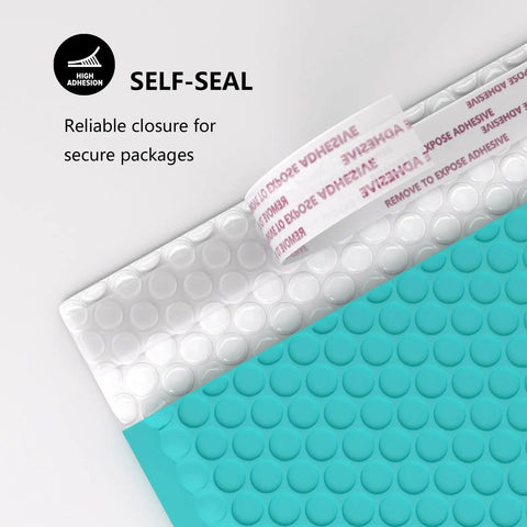 40 Pack 8.5 By 12 Inch Outer Bubble Mailers With 8.5 By 11 Inch Inner Cushioned Envelopes Waterproof Self Seal Adhesive Shipping Bags In Minty Blue Bright Color For Small Business showing self-seal adhesive feature.