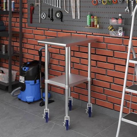 Front view of Besitu 5-inch expanding-stem casters on a stainless steel prep table cart, set of 4 with blue wheels