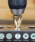 Four Spiral Flute Step Drill Bit Set For Metal And Wood Five Piece High Speed Steel Unibit Kit drilling into metal surface