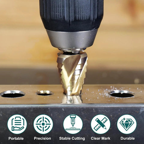 Four Spiral Flute Step Drill Bit Set For Metal And Wood Five Piece High Speed Steel Unibit Kit drilling into metal surface