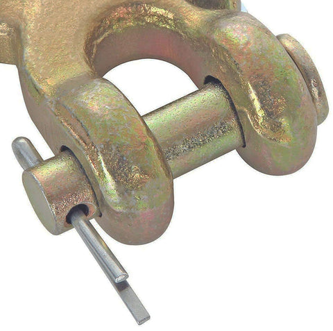 Close-up of 5/16 inch clevis slip hook with safety latch, built tough for trailers and trucks, G70 chain hook 18000 lb capacity forged steel.