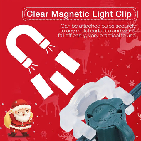 100 Pack C9 Magnetic Christmas Light Clips Heavy Duty Outdoor Clip Hooks For C9 Sockets Weatherproof Shatterproof For Metal Roofs Gutters And Patios Holiday Lighting shown with magnet illustration on red background