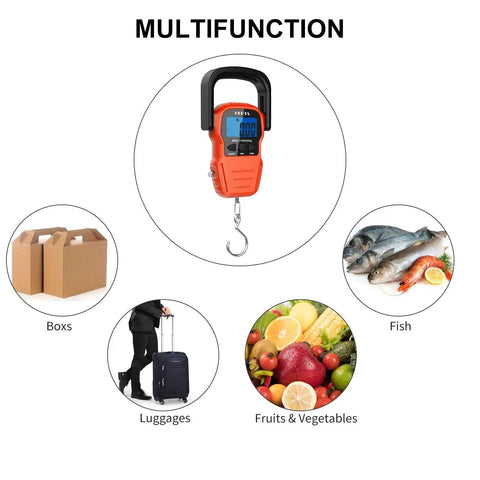 Portable Digital Fishing Scale With Measuring Tape, Backlit LCD Display, Data Lock, Lightweight 8.3 Oz Hanging Scale For Outdoor Fishing, Travel Luggage, Accurate Weight Readings For Freshwater And Saltwater. Orange digital hanging scale with hook for fish, luggage, boxes, and produce