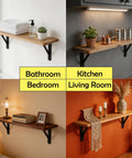 Collage of 12 Pack 16 By 10 Inch Built Like A Tank Metal L Shaped Shelf Brackets with wood shelves in various rooms.