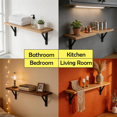 Collage of 12 Pack 16 By 10 Inch Built Like A Tank Metal L Shaped Shelf Brackets with wood shelves in various rooms.