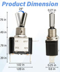 Three Pack LED Lighted Rocker Toggle Switch 12V SPST 3 Pin 2 Position On Off With Silver Plated Terminals And Gum Wood Body Built Tough For Easy DIY Auto Electronics Projects, dimensions chart