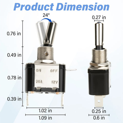 Three Pack LED Lighted Rocker Toggle Switch 12V SPST 3 Pin 2 Position On Off With Silver Plated Terminals And Gum Wood Body Built Tough For Easy DIY Auto Electronics Projects, dimensions chart