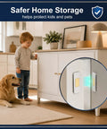 Child and dog near cabinet with 4 Pack Magnetic Cabinet Door Catches For Wardrobe Closet Drawer Shutter Easy Mount With Super Strong Adhesion Keeps Doors Closed Securely And Quietly Ideal For Home Kitchen Office Cabinets And Furniture visible.