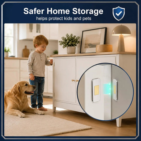 Child and dog near cabinet with 4 Pack Magnetic Cabinet Door Catches For Wardrobe Closet Drawer Shutter Easy Mount With Super Strong Adhesion Keeps Doors Closed Securely And Quietly Ideal For Home Kitchen Office Cabinets And Furniture visible.