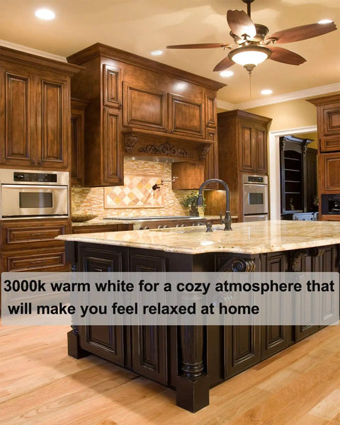 Kitchen with wood cabinets lit by PAR20 Halogen Light Bulbs 39W Dimmable 3000K Warm White Flood Lamps, cozy atmosphere