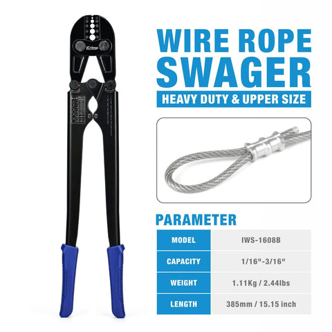 Beefed Up Heavy Duty Wire Rope Crimping Tool Kit With Five Die Cavities For One Sixteenth To Three Sixteenths Inch Cables Aluminum Loop Sleeves Duplex Oval Ferrules And Built In Wire Rope Cutter