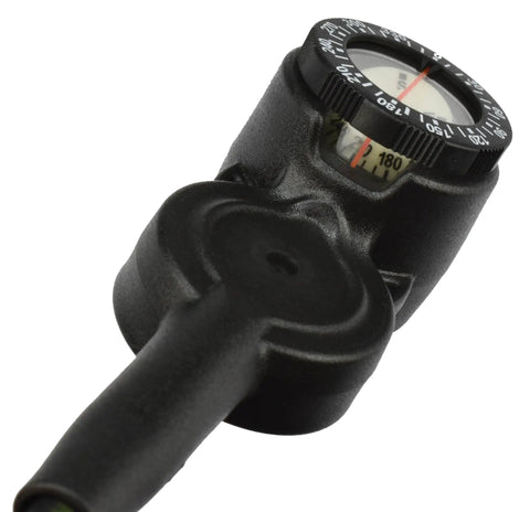Sub Console 3 Pressure Depth Gauge And Compass For Scuba Diving Red One Size With Builtin Depth Readout And Compass Integrated Dive Instrument Includes 4 Inch Hose Protector Must Have Gear For Deep Dives, showing the compass face close-up.