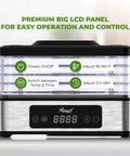 Compact 5 Tray Food Dehydrator With 48 Hour Timer And Adjustable Temp Control showing LCD panel with temperature and timer settings.