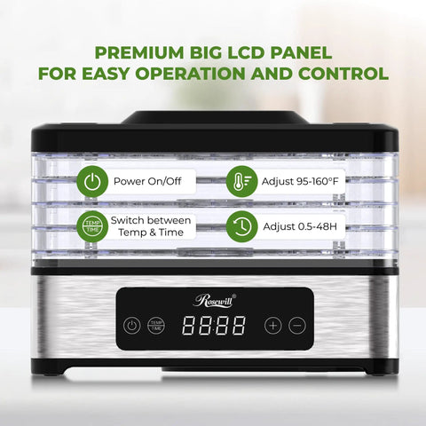 Compact 5 Tray Food Dehydrator With 48 Hour Timer And Adjustable Temp Control showing LCD panel with temperature and timer settings.