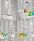 No Mess Bird Feeder And Water Dispenser Set For Bird Cage with food and water cups, colorful birds perched, easy clean design.
