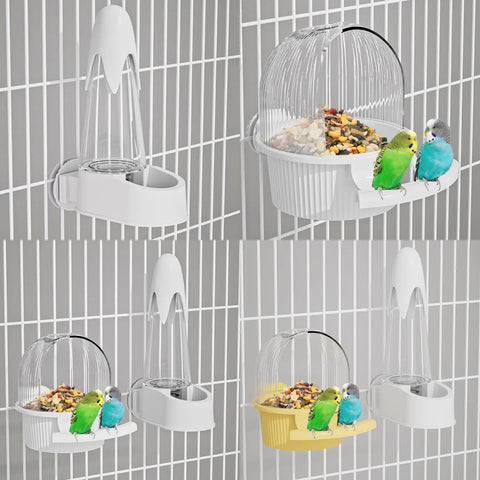 No Mess Bird Feeder And Water Dispenser Set For Bird Cage with food and water cups, colorful birds perched, easy clean design.