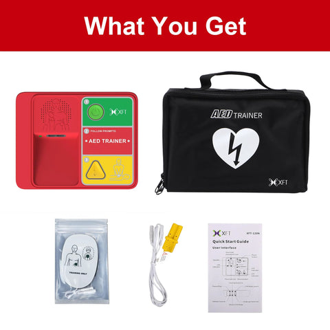 Front view of XFT-120N AED trainer kit: red unit, black carry case, training pad, white cord, yellow plug, quick-start guide.